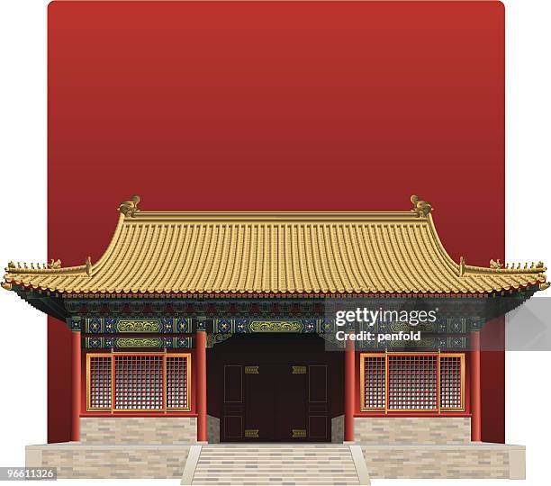 picture of the forbidden city from china on a red background - temple building stock illustrations