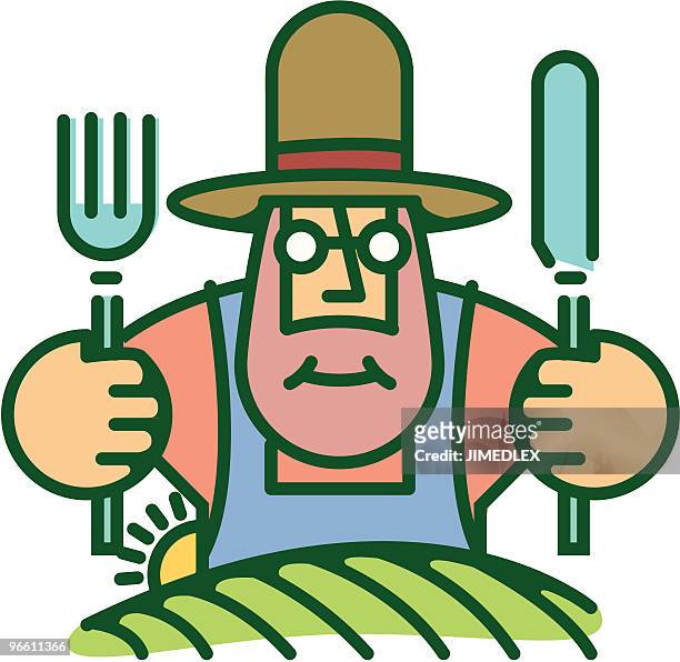 stockillustraties, clipart, cartoons en iconen met farmer eating from food he grows on land - hoed met rand