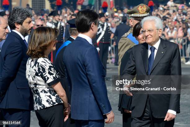 Italian President Sergio Mattarella greets the Autorities during the ceremony for the anniversary of the Italian Republic ,on June 2, 2018 in Rome...