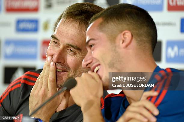 Spain's coach Julen Lopetegui and Spain's forward Lucas Vazquez attend a press conference of Spain's national football team at La Ceramica stadium in...