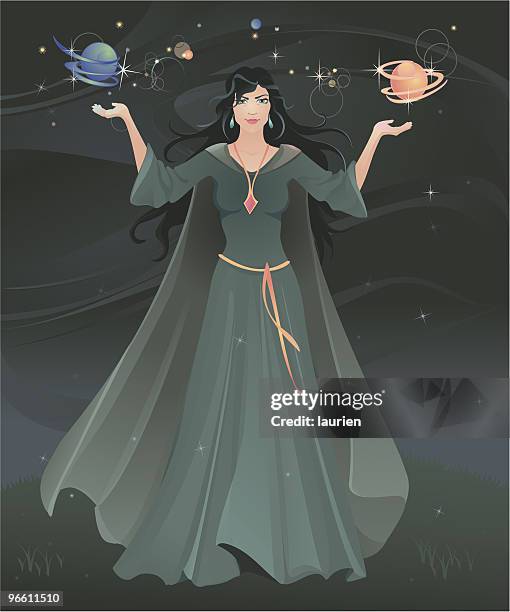 sorceress confuring a spell. - wizard woman stock illustrations