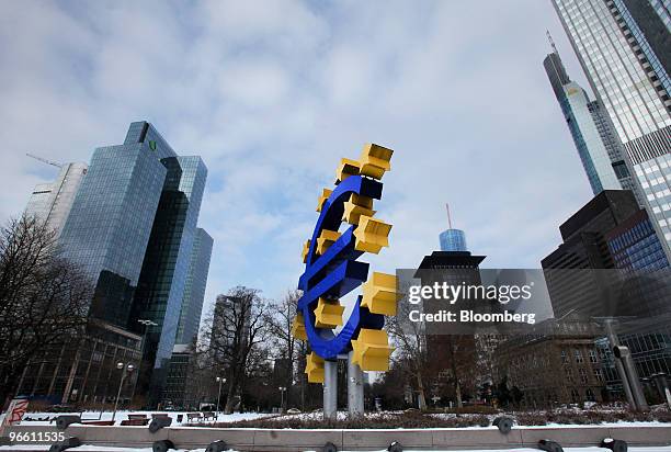 The Euro sign sculpture is seen outside the European Central Bank in Frankfurt, Germany, on Friday, Feb. 12, 2010. Southern European countries are...