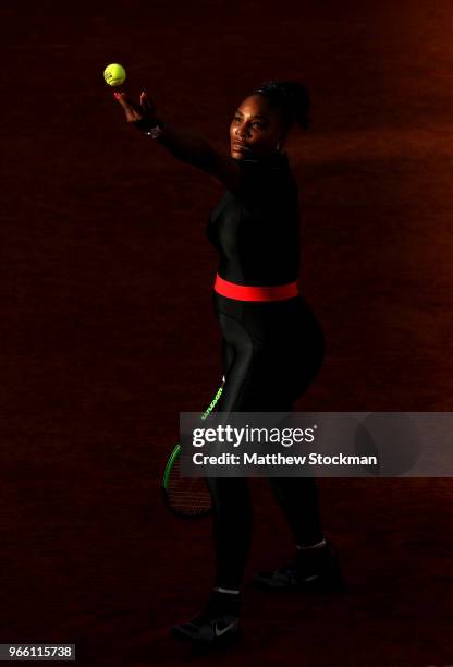 Serena Williams of The United States serves during the ladies singles third round match against Julia Georges of Germany during day seven of the 2018...