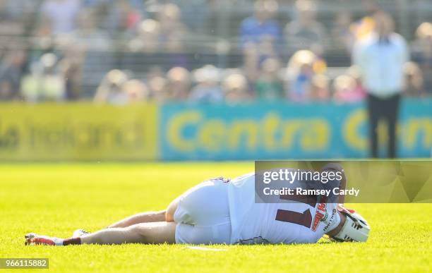 Wexford , Ireland - 2 June 2018; Joe Canning of Galway after picking up an injury during the Leinster GAA Hurling Senior Championship Round 4 match...