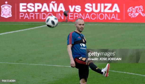 Spain's midfielder Andres Iniesta attends a training session of Spain's national football team at La Ceramica stadium in Vila-real, on June 2, 2018.