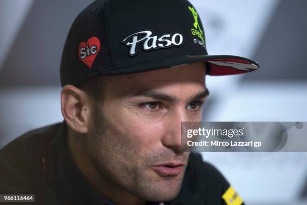 Mattia Pasini of Italy and Italtrans Racing speaks during the press conference at the end of the qualifying practice during the MotoGp of Italy -...