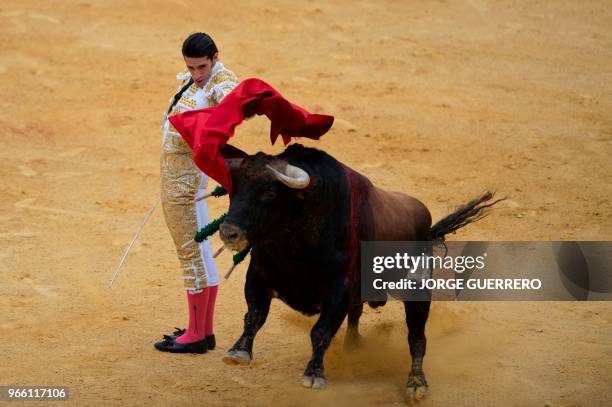 Spanish matador Alejandro Talavante performs a pass with muleta on a bull during the Corpus bullfighting festival at the Granada bullring on June 2,...