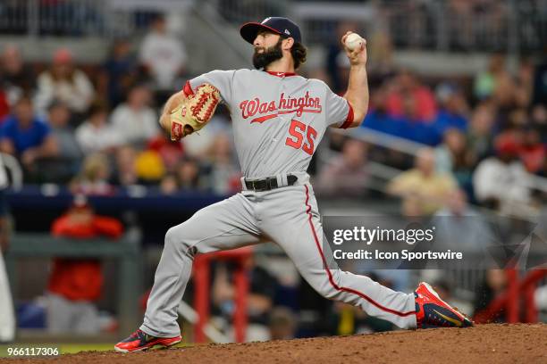 Washington relief pitcher Tim Collins throws a pitch during the game between Atlanta and Washington on June 1st, 2018 at SunTrust Park in Atlanta, GA.