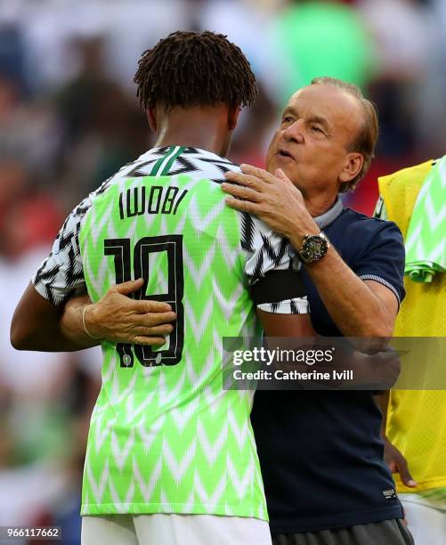 Alex Iwobi of Nigeria and Nigeria manager, Gernot Rohr embrace after the International Friendly match between England and Nigeria at Wembley Stadium...