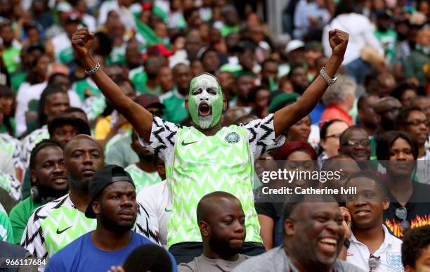 Nigeria fan shows surport for his team during the International Friendly match between England and Nigeria at Wembley Stadium on June 2, 2018 in...
