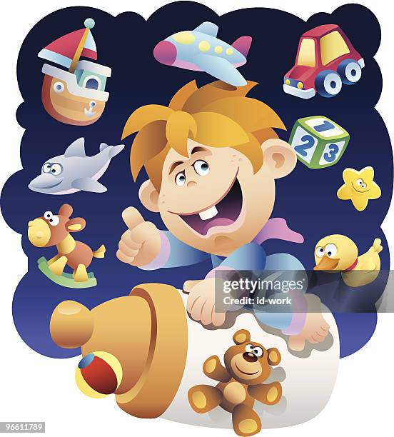 stockillustraties, clipart, cartoons en iconen met baby with first tooth among toys - toy animal