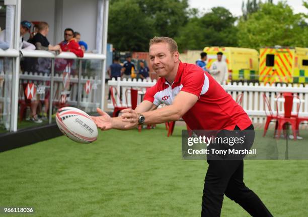 Ambassador Sir Chris Hoy takes part in the Smart Ball activity at the HSBC CustomerLounge during Day One of the HSBC London Sevens at Twickenham...