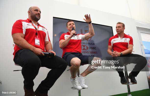 Ambassadors David Flatman, Brian O'Driscoll and Sir Chris Hoy during a Q and A in the HSBC Customer Lounge during Day One of the HSBC London Sevens...