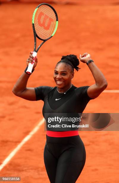 Serena Williams of The United States celebrates victory during the ladies singles third round match against Julia Georges of Germany during day seven...