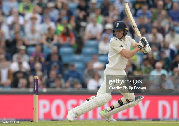 Jos Buttler of England hits out during the second day of the 2nd Natwest Test match between England and Pakistan at Headingley cricket ground on June...