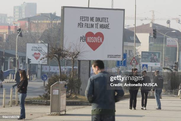 Pristina, Kosovo,February 15, 2008. Waiting for the independence, posters which read: "Celebrate with Dignity. For a Good Start. For Kosovo",are...