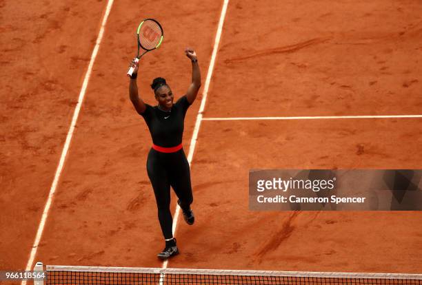 Serena Williams of The United States celebrates victory during the ladies singles third round match against Julia Georges of Germany during day seven...