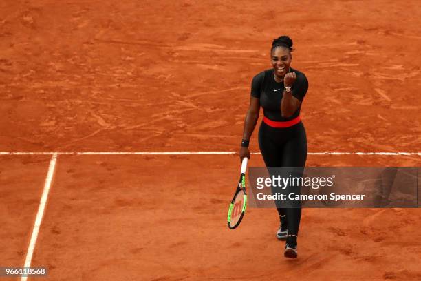 Serena Williams of The United States celebrates victory during the ladies singles third round match against Julia Georges of Germany during day seven...