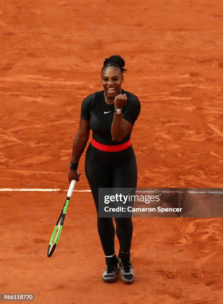 Serena Williams of The United States celebrates victory during the ladies singles third round match against Julia Georges of Germany during day seven...