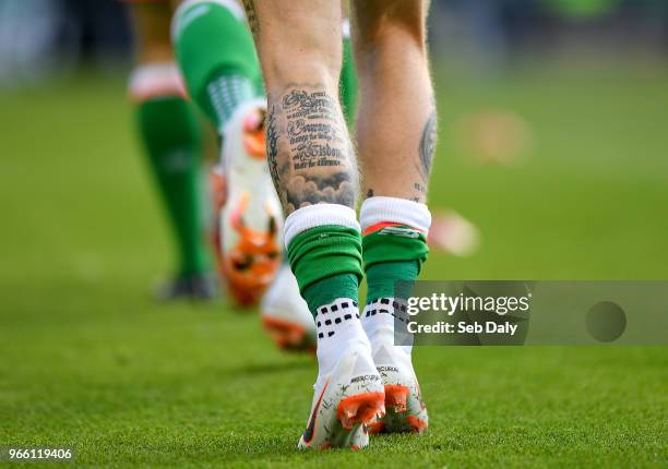 Dublin , Ireland - 2 June 2018; A detailed view of tattoos on the leg of Republic of Ireland player James McClean prior to the International Friendly...