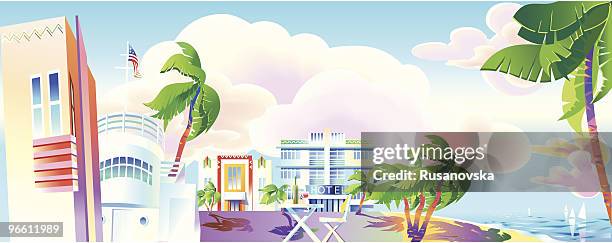 art-deco era miami panoramic view - south beach ocean stock illustrations