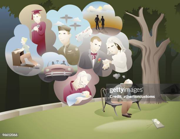 ilustraciones, imágenes clip art, dibujos animados e iconos de stock de viejo hombre sentado y pensar de todos sus recuerdos - hombre joven el parque