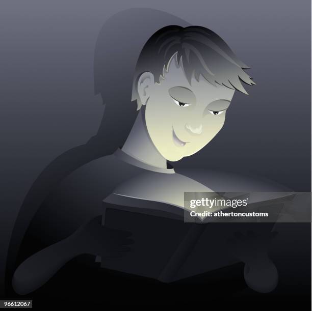 boy reading from book - headshot gray background stock illustrations