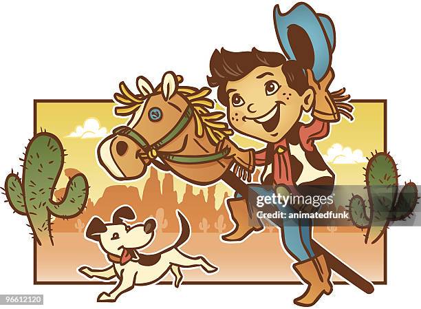 young child playing pretend cowboy with his dog - watercolor cactus stock illustrations