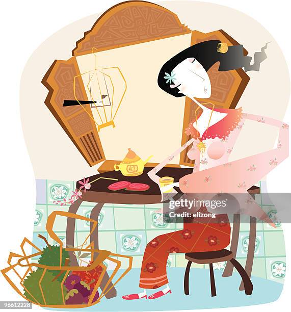 young peranakan woman drinking tea - peranakan interior stock illustrations