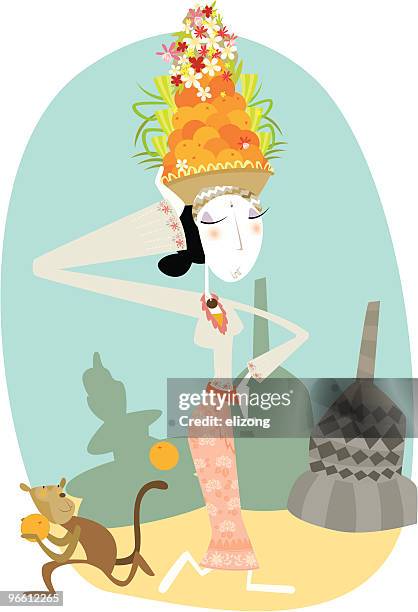 woman in traditional balinese dress - batik dress stock illustrations