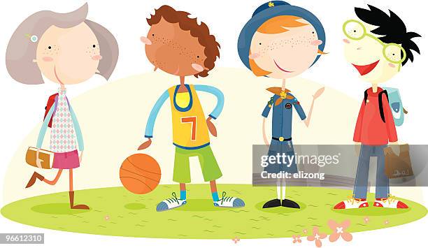 school children - girl blonde hair with glasses stock illustrations