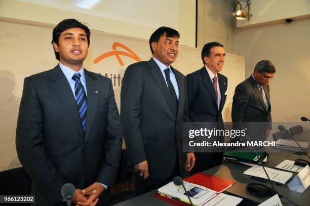 Of ArcelorMittal, the world's leading steel maker, Lakshmi Mittal gives a press conferebce with his son Chief Financial Officer Aditya Mittal ,...