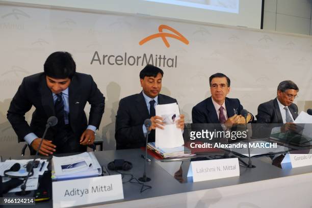 Of ArcelorMittal, the world's leading steel maker, Lakshmi Mittal gives a press conferebce with his son Chief Financial Officer Aditya Mittal ,...