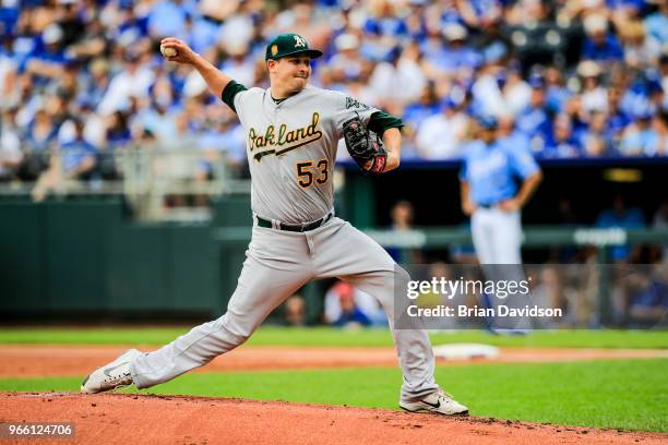 Trevor Cahill of the Oakland Athletics pitches during the first inning against the Kansas City Royals at Kauffman Stadium on June 2, 2018 in Kansas...