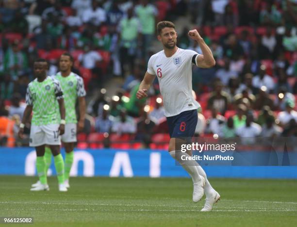 England's Gary Cahill celebrates scoring his sides first goal during International match between England against Nigeria at Wembley stadium, London,...