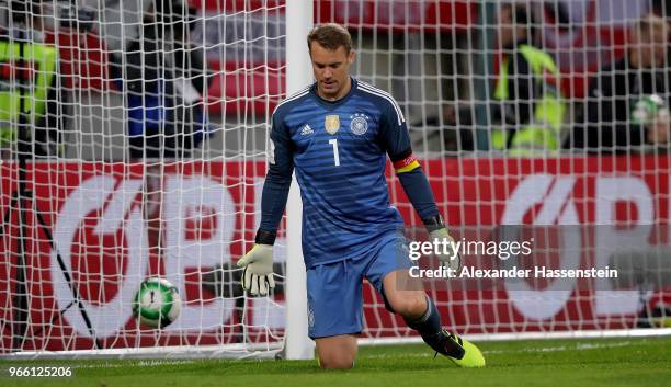 Manuel Neuer, goalkeeper of Germany reacts during the International Friendly match between Austria and Germany at Woerthersee Stadion on June 2, 2018...