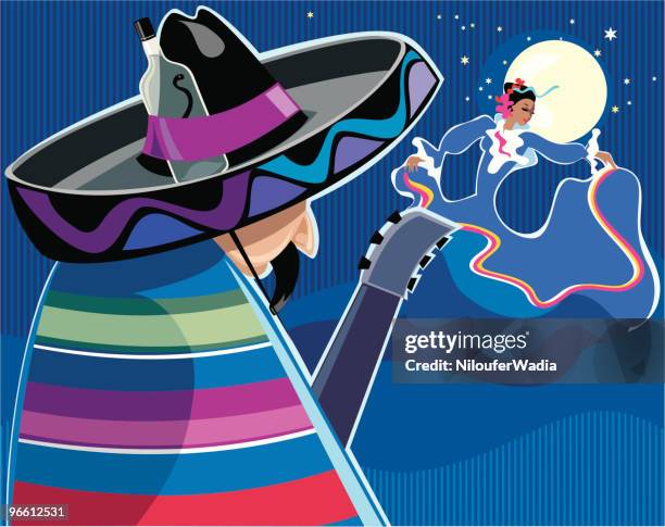 moonlight mexicans - sombrero woman stock illustrations