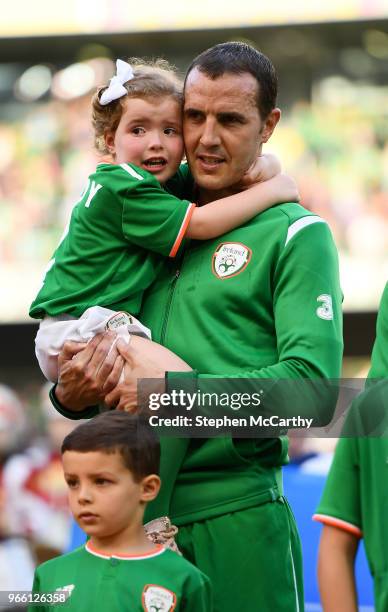 Dublin , Ireland - 2 June 2018; John O'Shea of Republic of Ireland with his daughter Ruby and son Alfie prior to the International Friendly match...