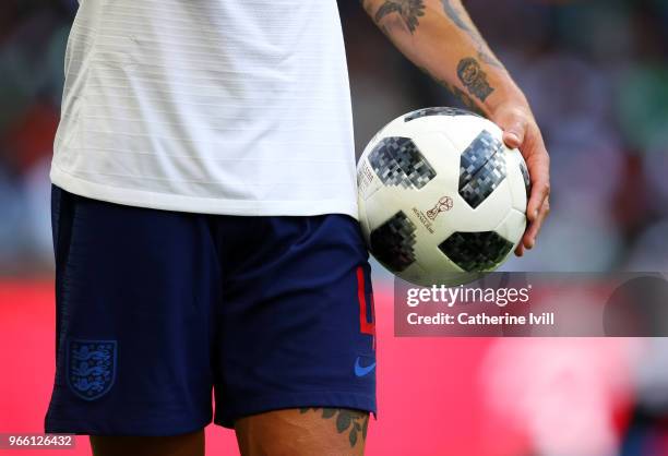 General view of a player holding an Adidas FIFA World Cup 2018 Telstar ball during the International Friendly match between England and Nigeria at...