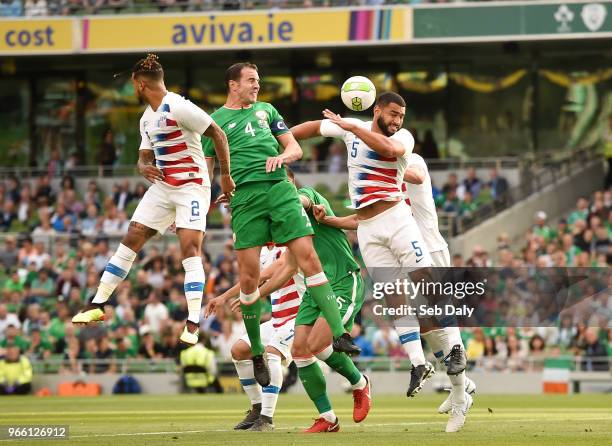 Dublin , Ireland - 2 June 2018; John O'Shea of Republic of Ireland in action against DeAndre Yedlin and Cameron Carter-Vickers of United States...