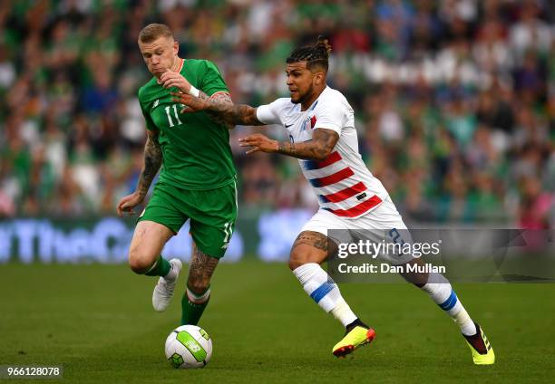 James McClean of the Republic of Ireland and DeAndre Yedlin of The United States compete for the ball during the International Friendly match between...