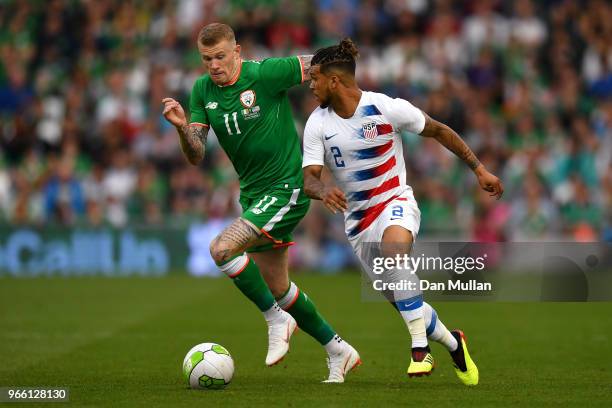 James McClean of the Republic of Ireland and DeAndre Yedlin of The United States compete for the ball during the International Friendly match between...