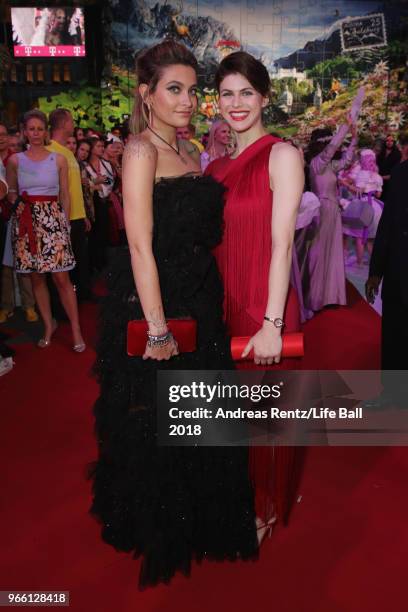 Paris Jackson and Alexandra Daddario arrive for the Life Ball 2018 at City Hall on June 2, 2018 in Vienna, Austria. The Life Ball, an annual charity...