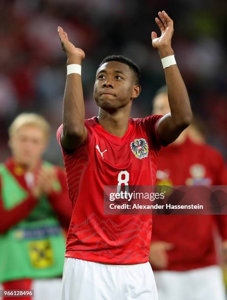 David Alaba of Austria celebrates after the International Friendly match between Austria and Germany at Woerthersee Stadion on June 2, 2018 in...