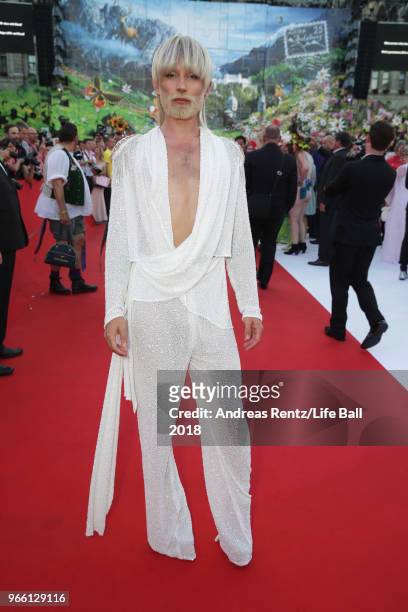 Conchita Wurst arrives for the Life Ball 2018 at City Hall on June 2, 2018 in Vienna, Austria. The Life Ball, an annual charity event raising funds...