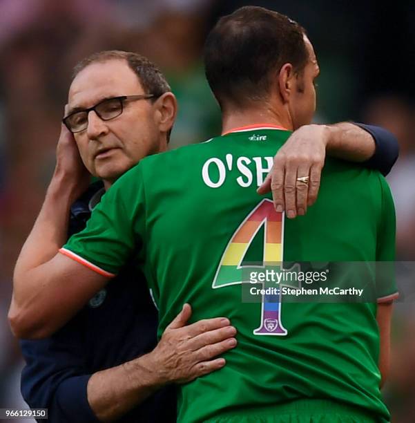 Dublin , Ireland - 2 June 2018; Republic of Ireland manager Martin O'Neill embraces John O'Shea after he was substituted during the International...