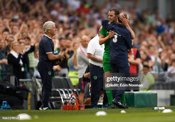 Dublin , Ireland - 2 June 2018; John O'Shea of Republic of Ireland aembraces Republic of Ireland manager Martin O'Neill after being substituted...