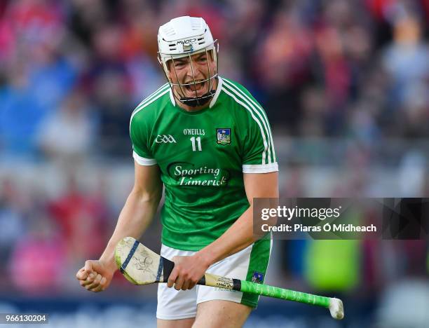 Cork , Ireland - 2 June 2018; Kyle Hayes of Limerick celebrates scoring the equalising point late in the game during the Munster GAA Hurling Senior...