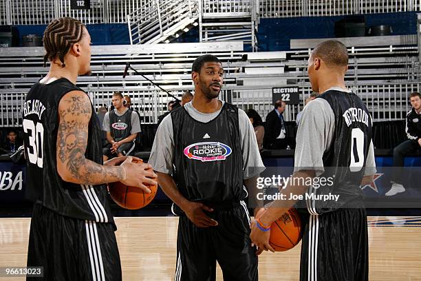 Michael Beasley of the Miami Heat O.J. Mayo of the Memphis Grizzlies and Russell Westbrook of the Oklahoma City Thunder talk during Sophomore...