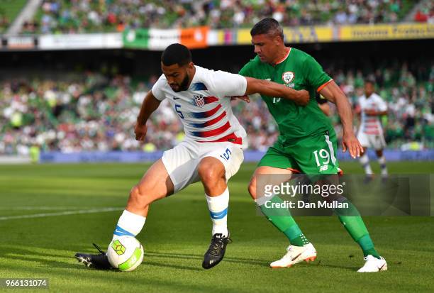 Cameron Carter-Vickers of The United States holds off Jonathan Walters of the Republic of Ireland during the International Friendly match between the...